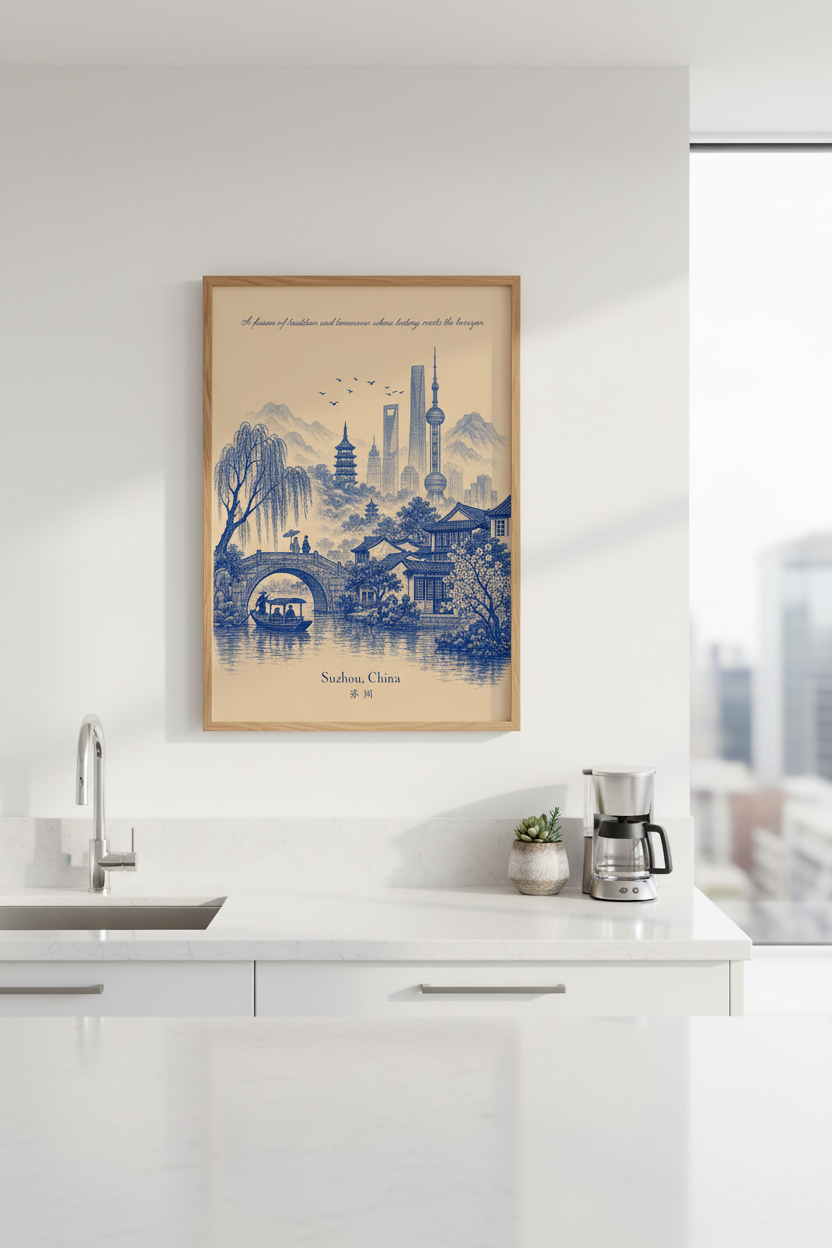Suzhou wall art | Blue landscape decor, pagoda skyline | Elegant poster