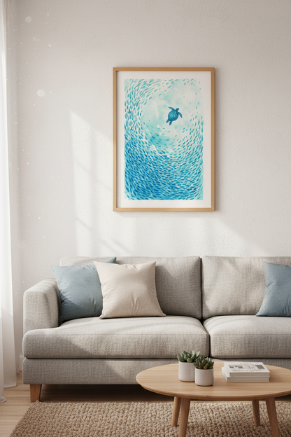Sea Turtle &amp; Fish Watercolor Print | Coastal Bathroom Decor | Blue Ocean Poster