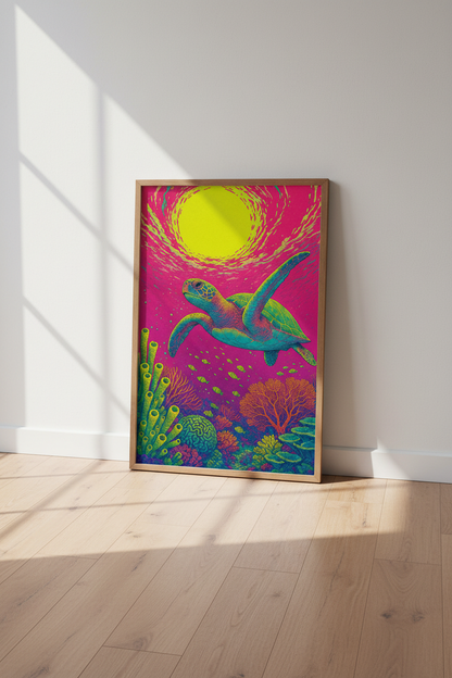 Sea Turtle | Psychedelic Neon Coral Reef Wall Art, Modern Coastal Living Room Decor
