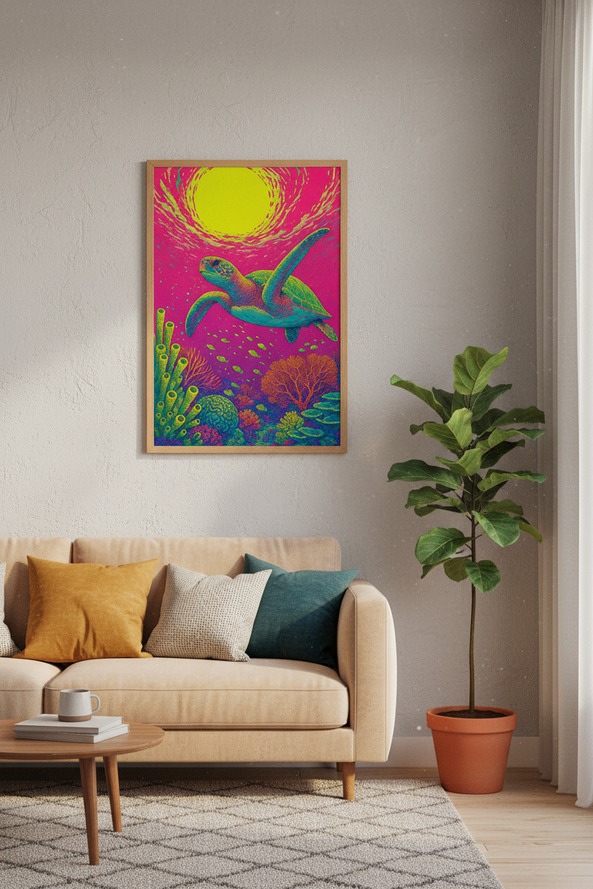 Sea Turtle | Psychedelic Neon Coral Reef Wall Art, Modern Coastal Living Room Decor
