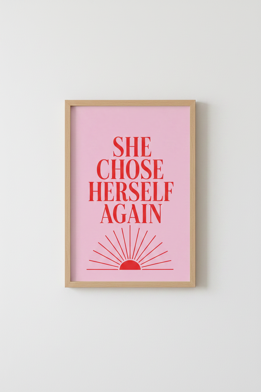 She Chose Herself Wall Art | Red and Pink Typography Poster, Bedroom Decor
