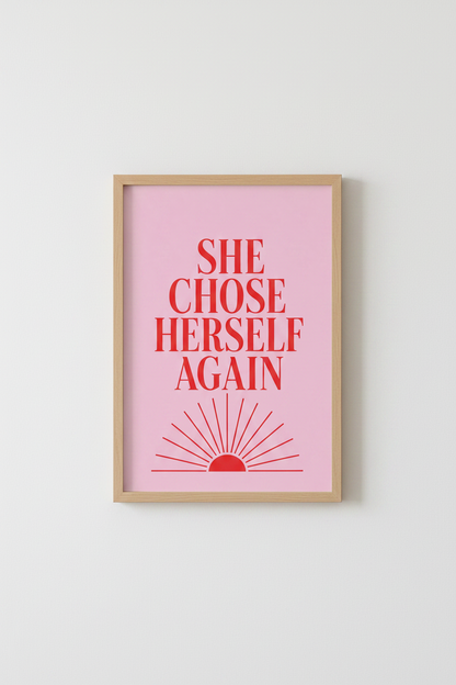 She Chose Herself Wall Art | Red and Pink Typography Poster, Bedroom Decor