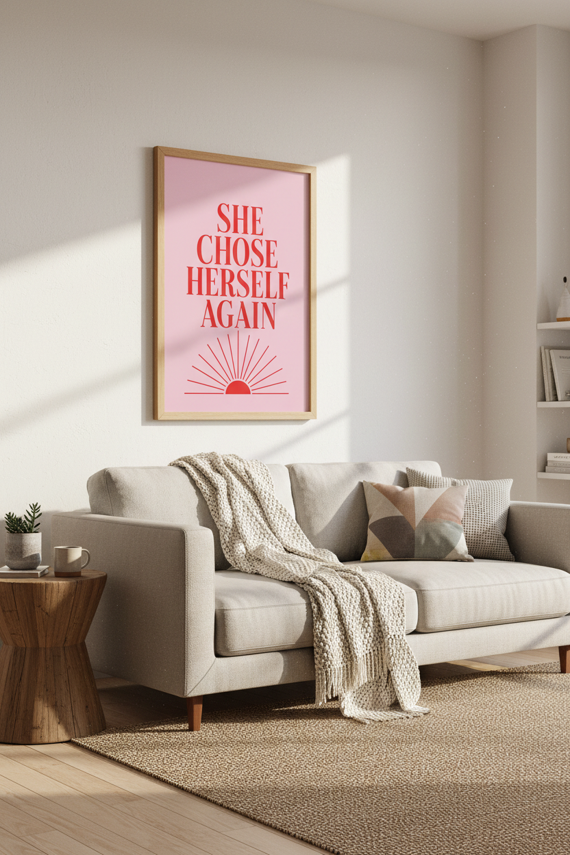 She Chose Herself Wall Art | Red and Pink Typography Poster, Bedroom Decor