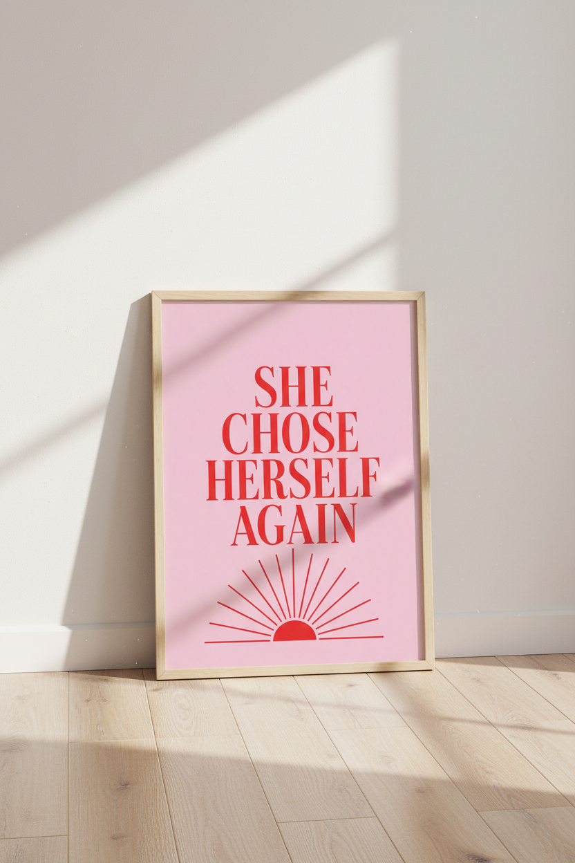 She Chose Herself Wall Art | Red and Pink Typography Poster, Bedroom Decor
