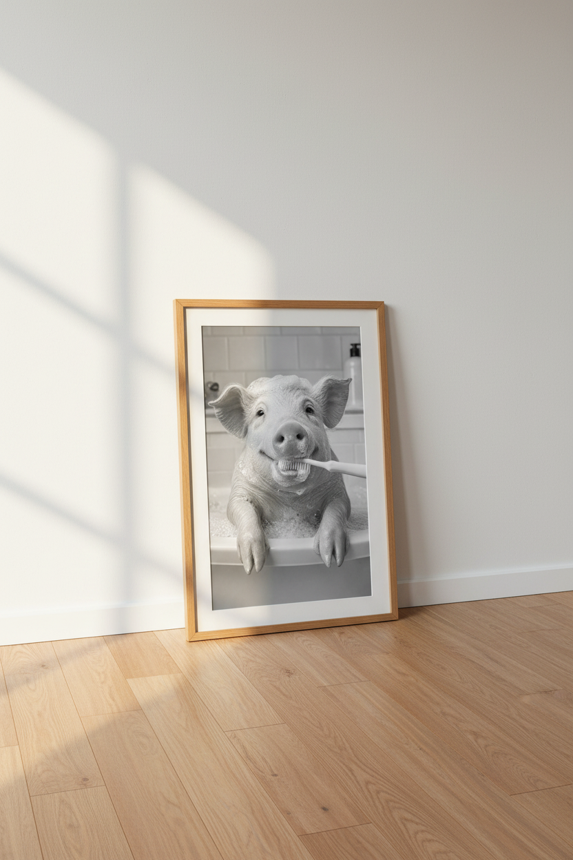 Funny Pig Brushing Teeth Wall Art | Bathroom Decor | Black and White Poster