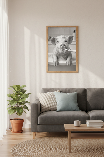 Funny Pig Brushing Teeth Wall Art | Bathroom Decor | Black and White Poster