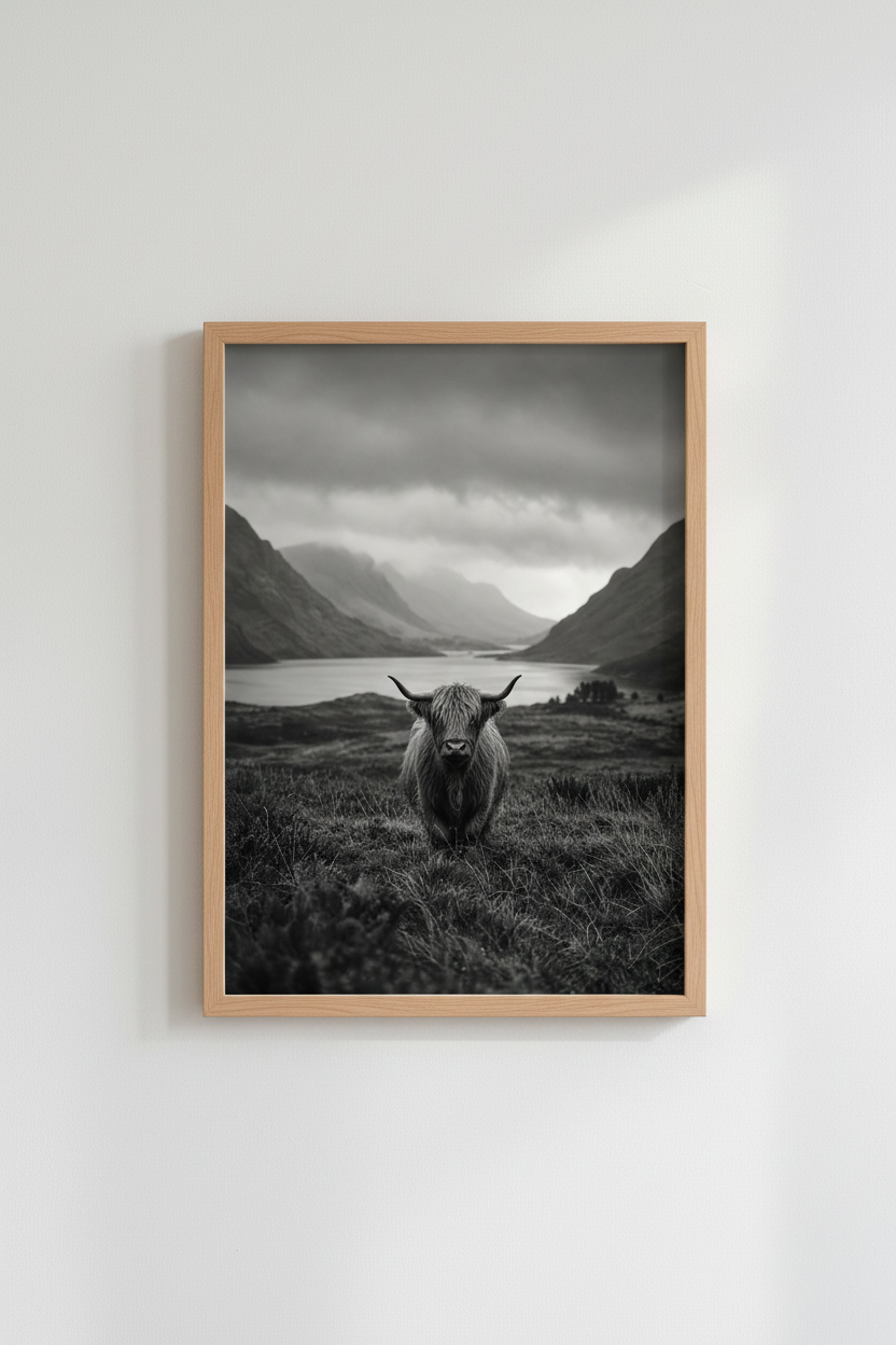 Highland Cow Art Print | Rustic Scottish Landscape, Black and White Decor