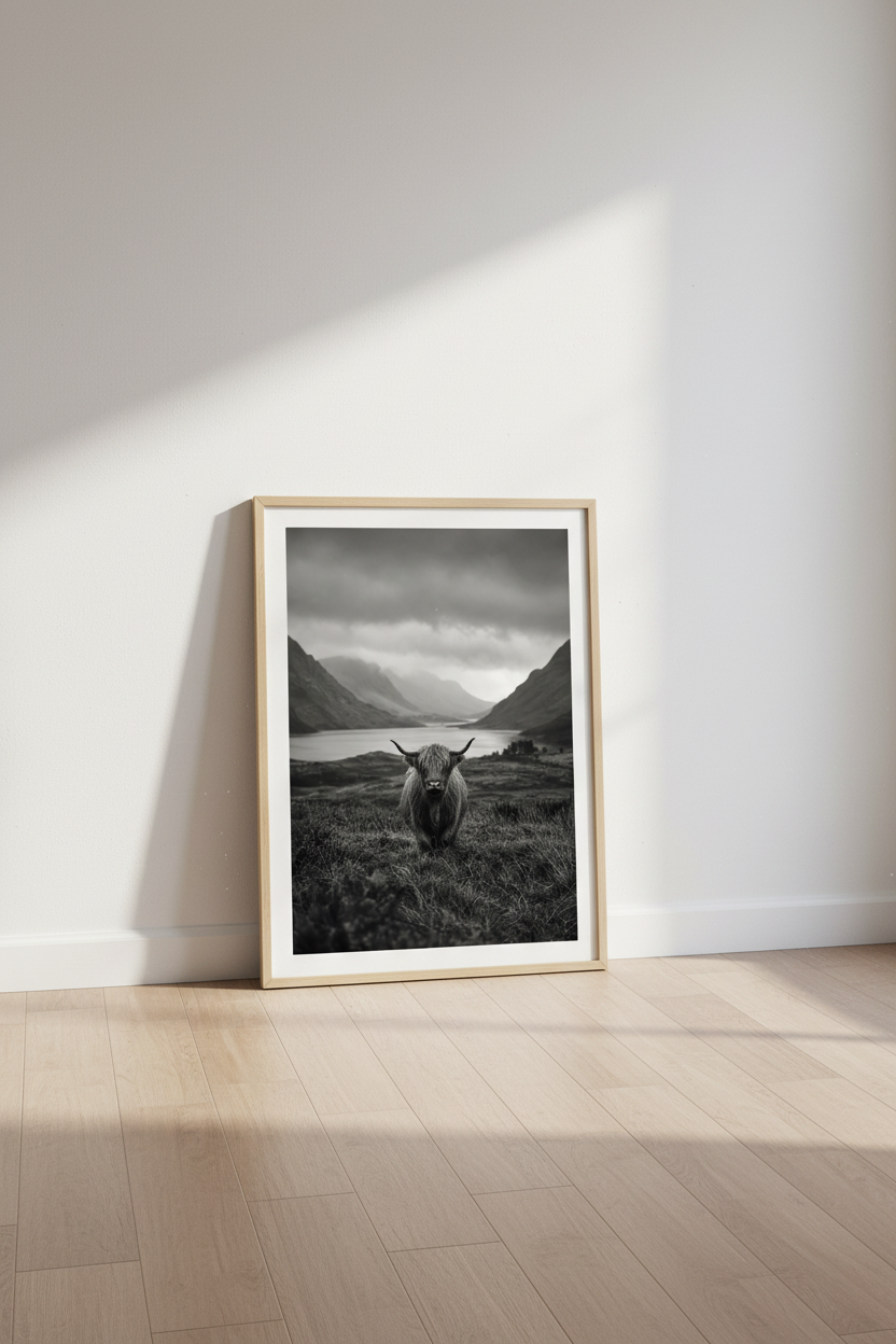 Highland Cow Art Print | Rustic Scottish Landscape, Black and White Decor