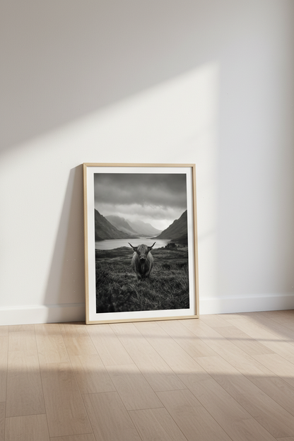 Highland Cow Art Print | Rustic Scottish Landscape, Black and White Decor