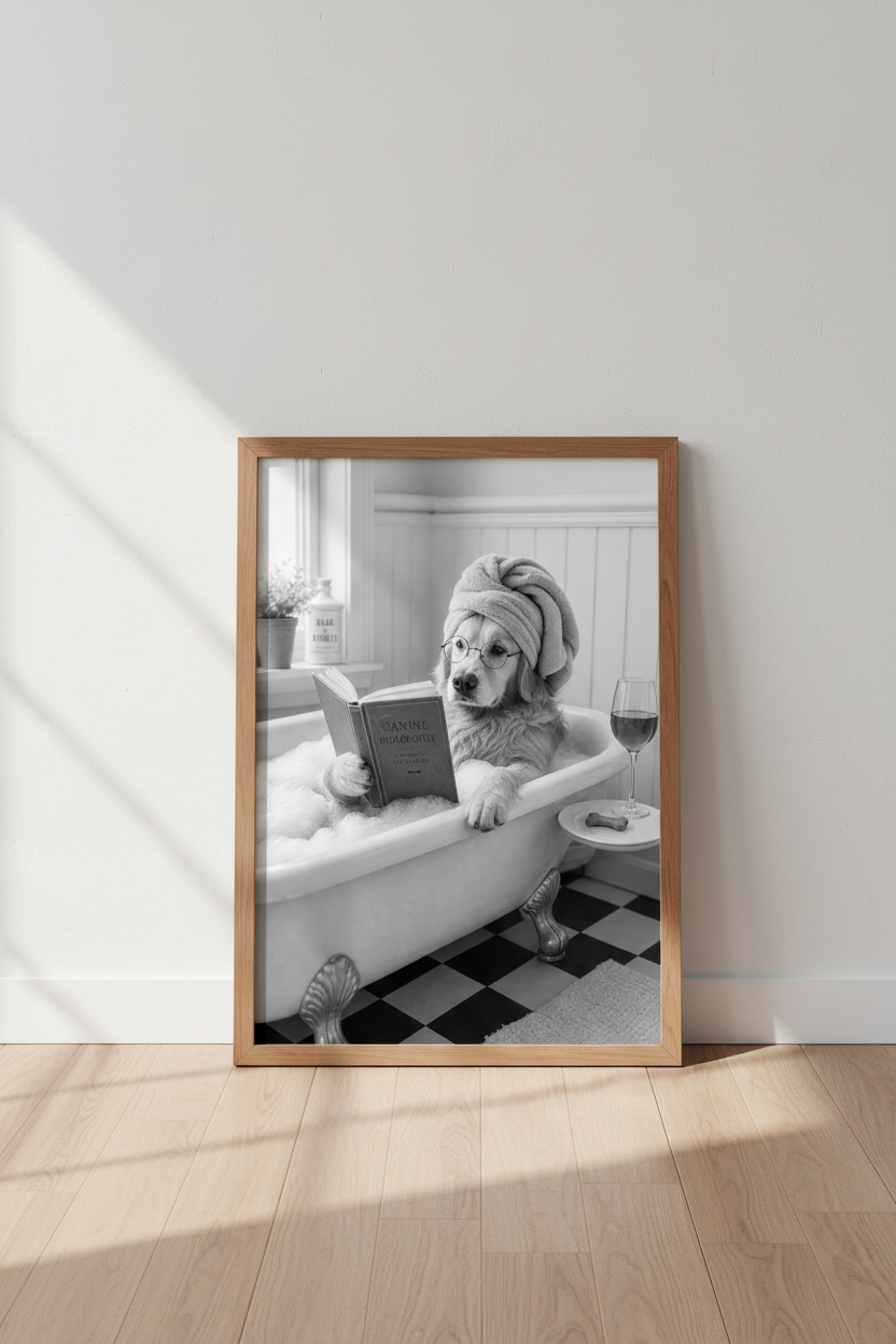 Golden Retriever in Bathtub Wall Art | Funny Bathroom Decor | Black and White Poster