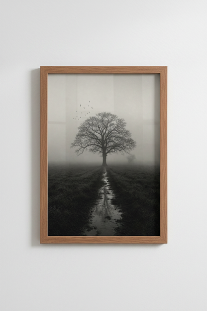 Nature Wall Art Print | Moody Landscape Tree Decor | Foggy Grayscale Poster