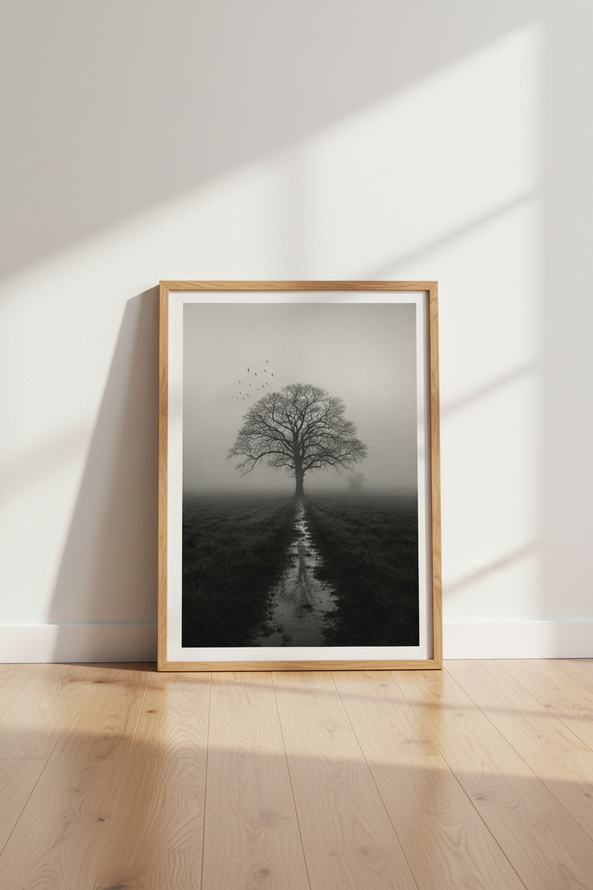 Nature Wall Art Print | Moody Landscape Tree Decor | Foggy Grayscale Poster