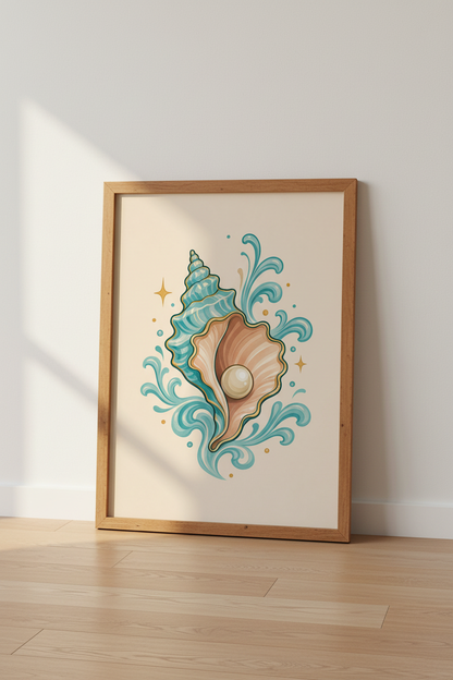 Seashell Pearl Wall Art Print | Coastal Bathroom Decor | Turquoise Aesthetic Poster