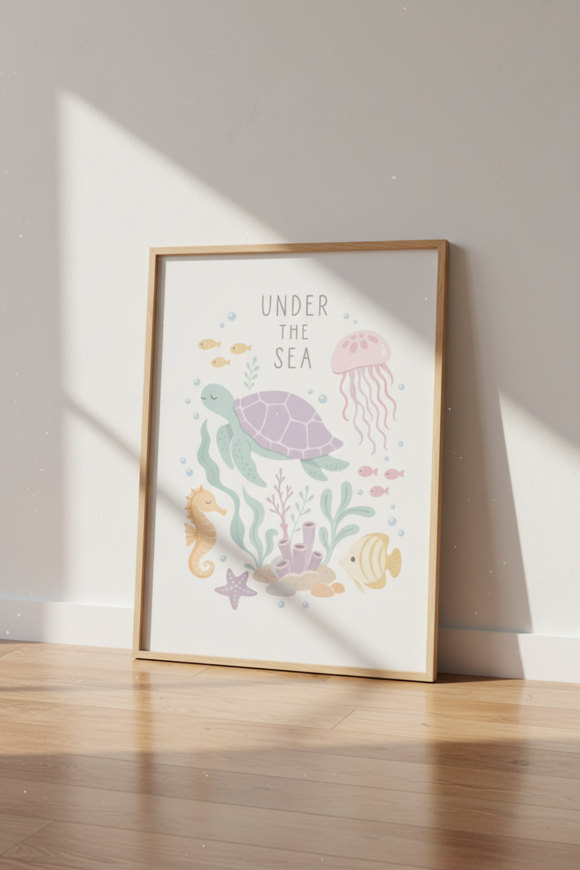 Ocean Animal Nursery Wall Art | Pastel Sea Turtle Print, Under The Sea Decor