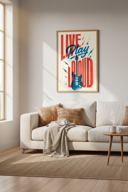 Live Play Loud Guitar Wall Art | Retro Rock Music Poster, Studio Decor