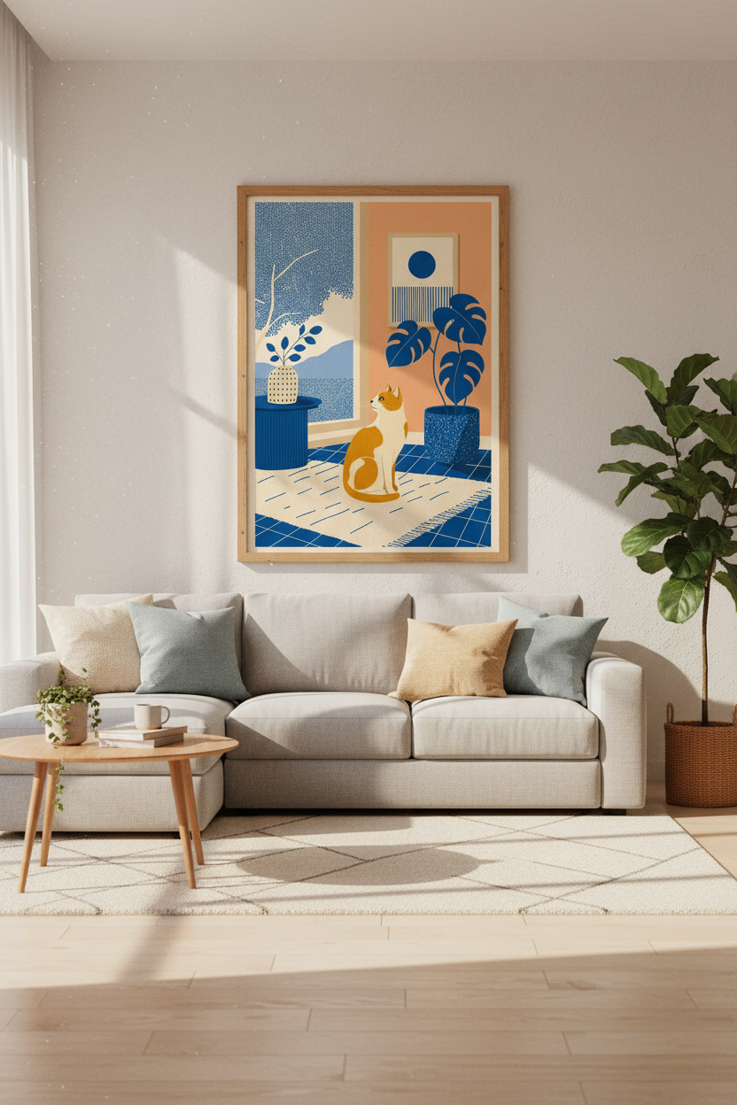 Ginger Cat in Blue Room Art | Matisse Style Mediterranean Print, Coastal Boho Decor