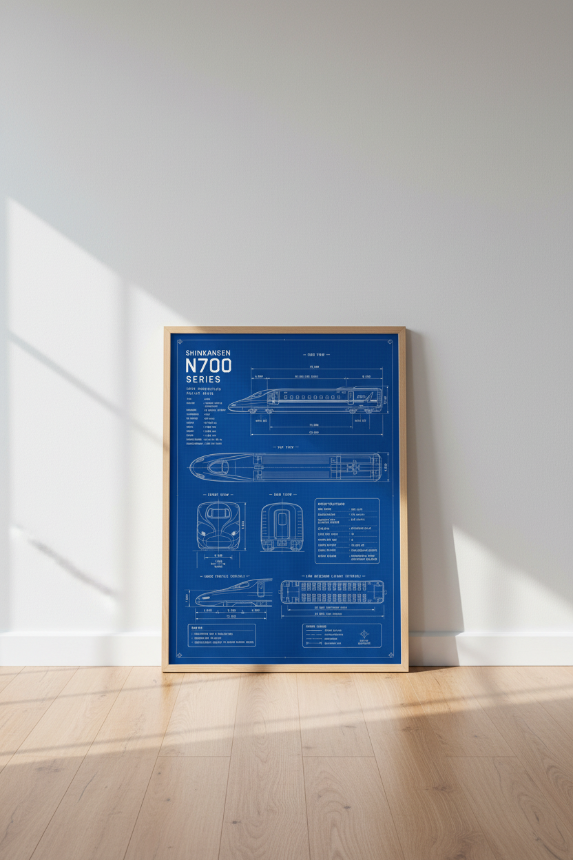 Shinkansen N700 Bullet Train Blueprint | Japan Rail Navy Poster, Office Decor