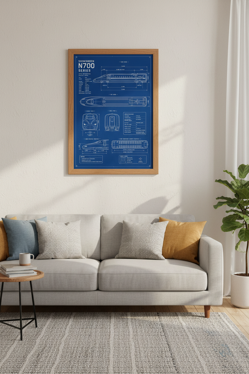 Shinkansen N700 Bullet Train Blueprint | Japan Rail Navy Poster, Office Decor