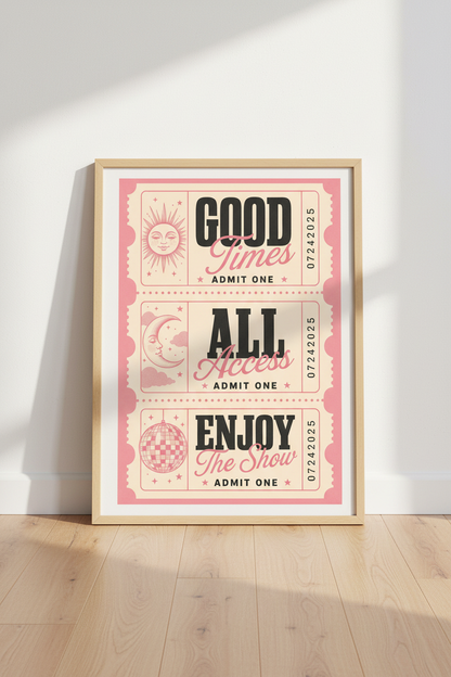 Retro Ticket Wall Art Print | Pink Disco Sun Moon Poster | Trendy Room Decor