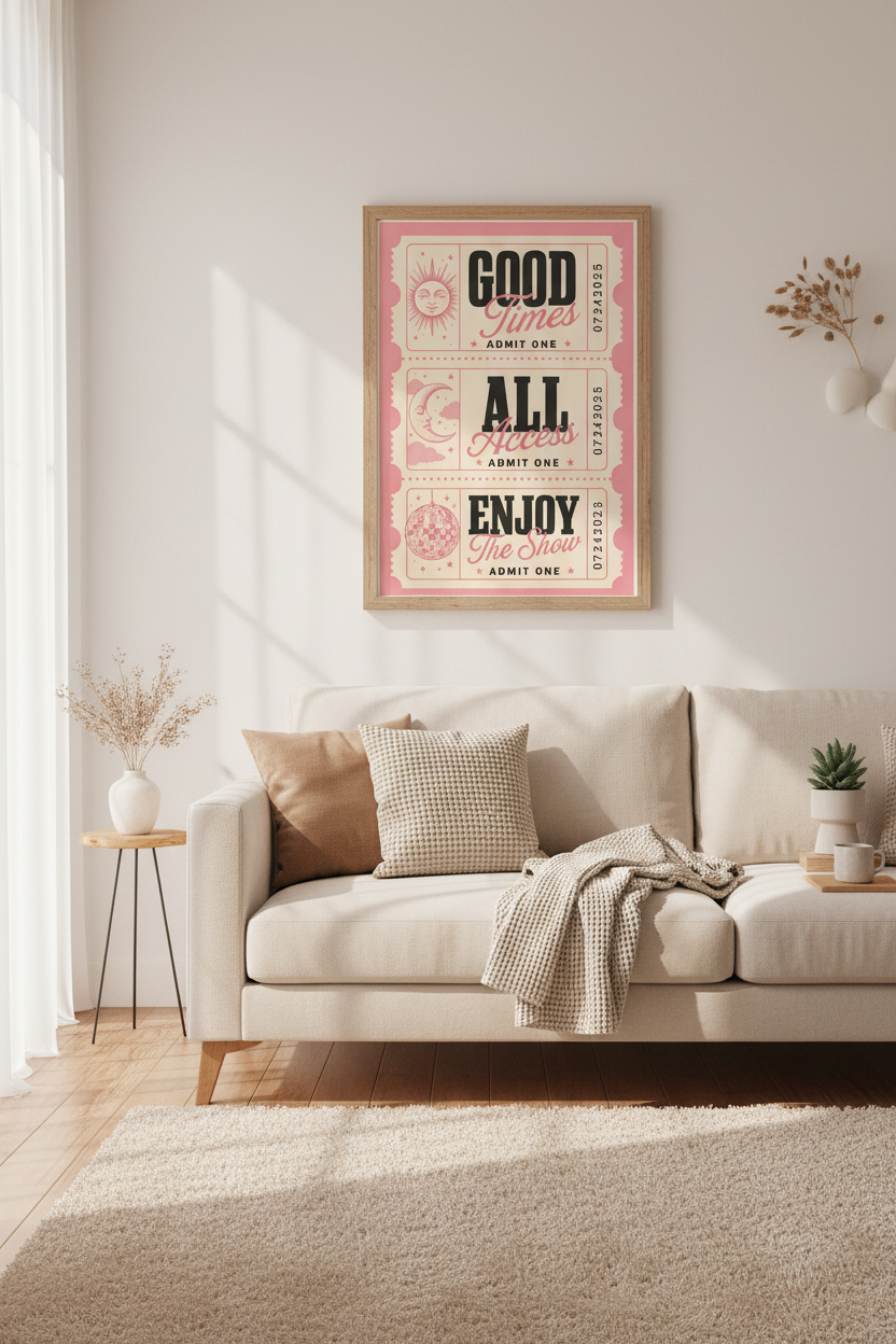 Retro Ticket Wall Art Print | Pink Disco Sun Moon Poster | Trendy Room Decor