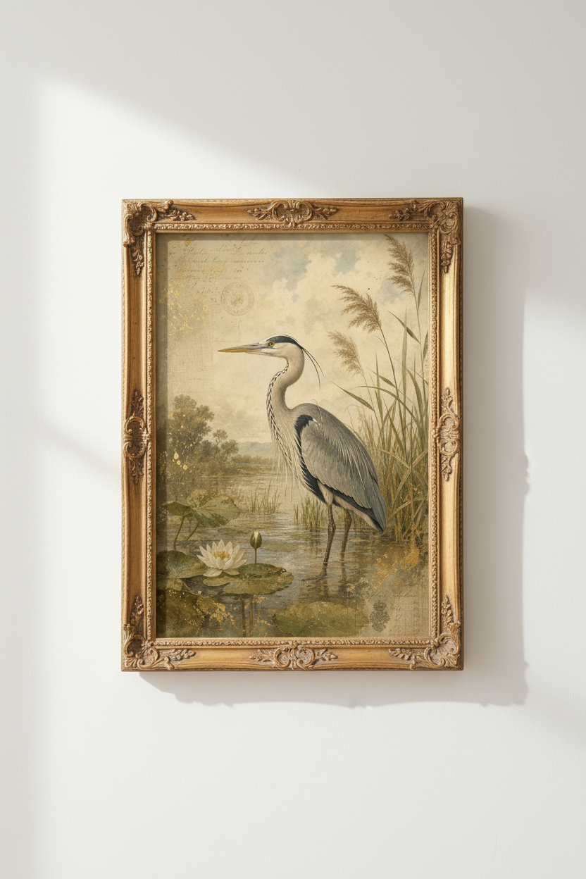 Vintage Heron Poster | Neutral Tones, Watercolor Style | Living Room Decor