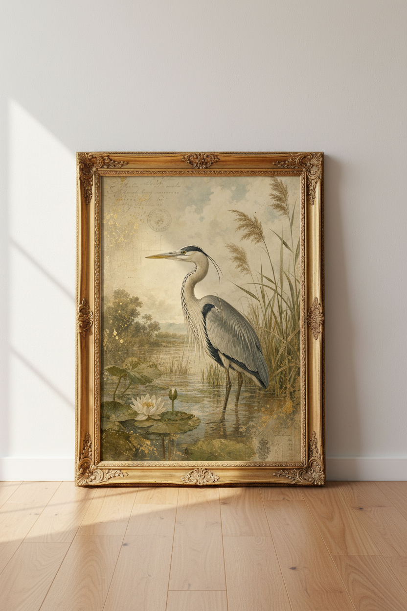 Vintage Heron Poster | Neutral Tones, Watercolor Style | Living Room Decor