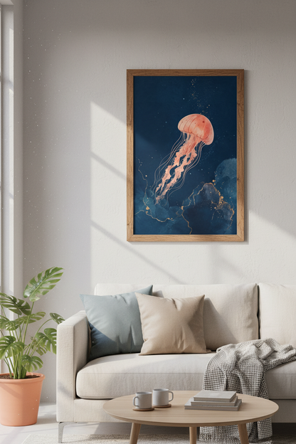 Jellyfish Wall Art | Navy &amp; Gold Coastal Decor, Modern Ocean Poster Print