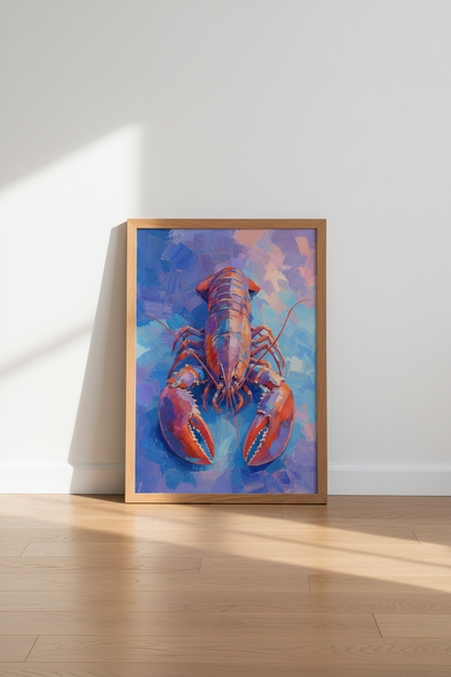 Abstract Lobster Wall Art | Vibrant Blue &amp; Orange Nautical Decor | Modern Seafood Poster