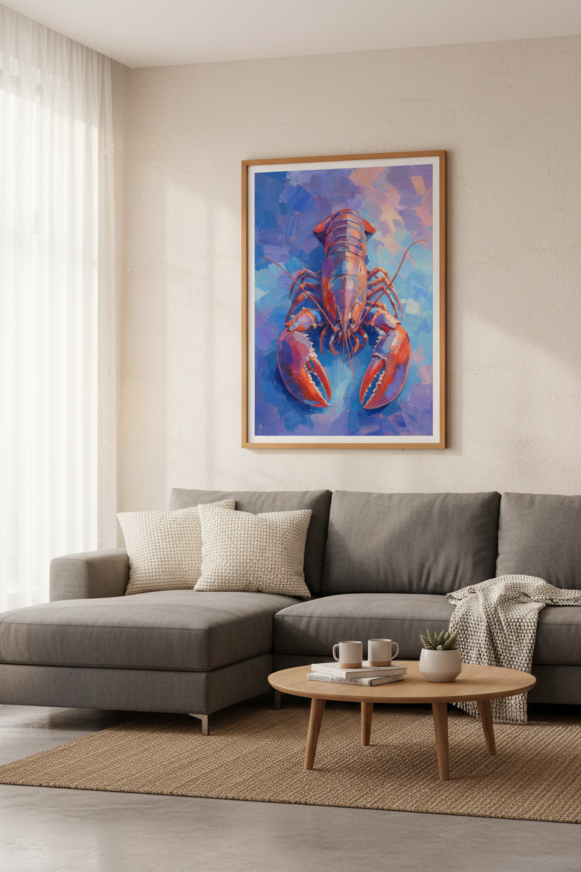 Abstract Lobster Wall Art | Vibrant Blue &amp; Orange Nautical Decor | Modern Seafood Poster