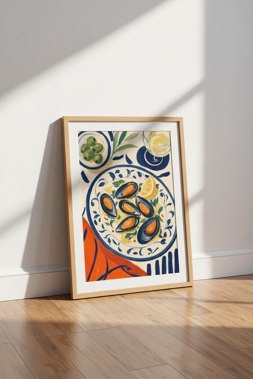 Mussels Mediterranean Wall Art Print | Kitchen &amp; Dining Decor | Painterly Food Poster