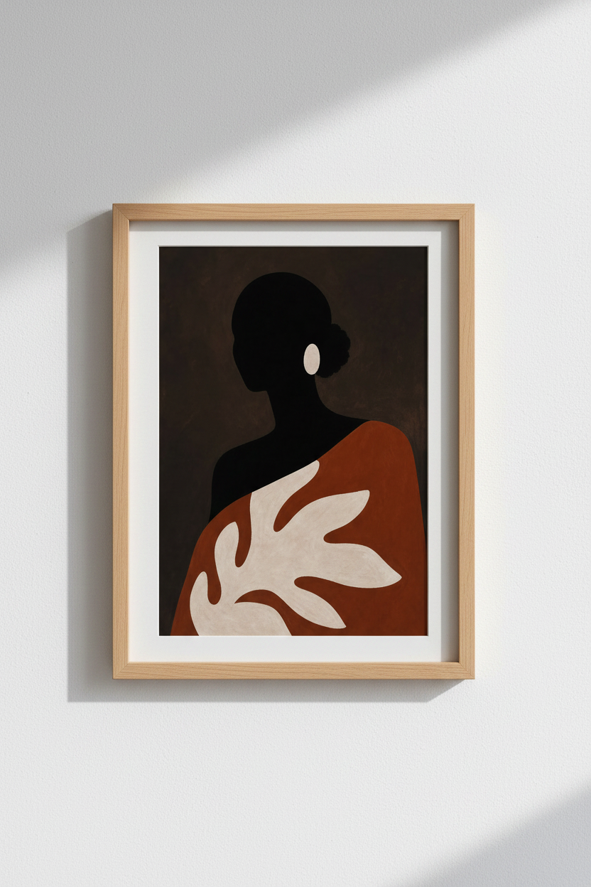 Abstract silhouette | Dark palette, terracotta accents | Living room decor