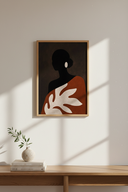 Abstract silhouette | Dark palette, terracotta accents | Living room decor