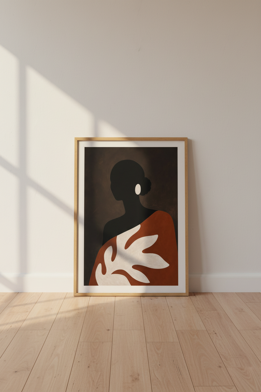 Abstract silhouette | Dark palette, terracotta accents | Living room decor