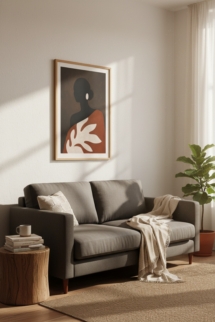 Abstract silhouette | Dark palette, terracotta accents | Living room decor