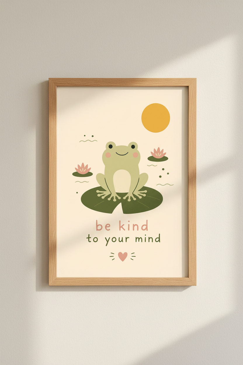 Frog Wall Art Print | Be Kind To Your Mind Poster, Cute Cottagecore Nursery Decor