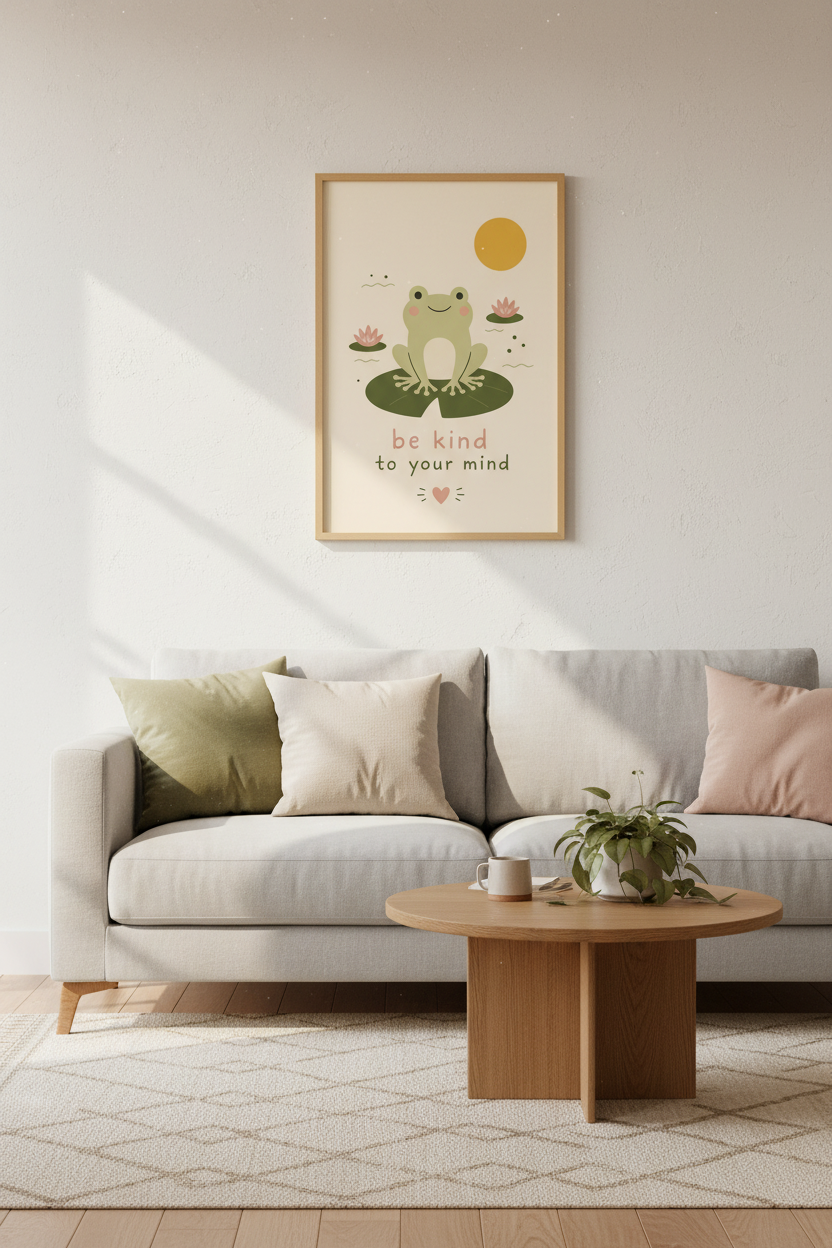Frog Wall Art Print | Be Kind To Your Mind Poster, Cute Cottagecore Nursery Decor