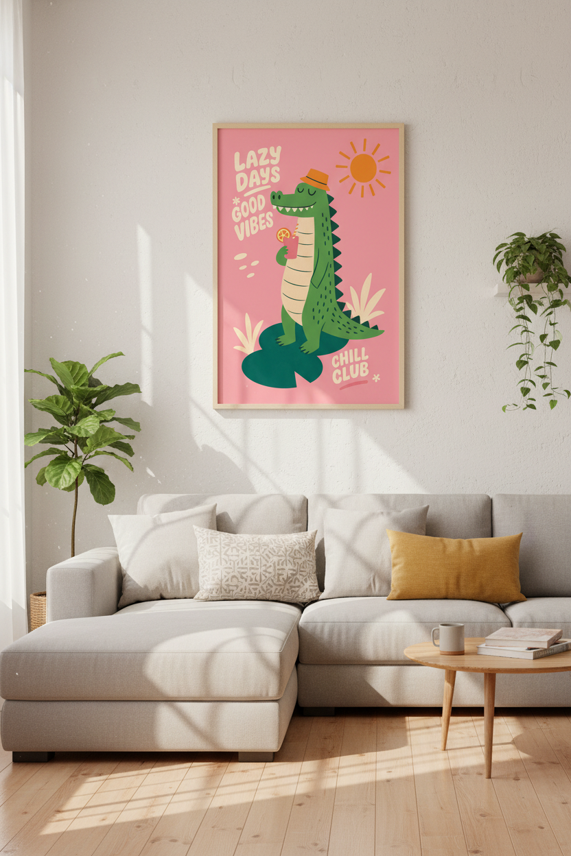 Funny Crocodile Wall Art | Pink Tropical Summer Poster, Kids Room &amp; Dorm Decor