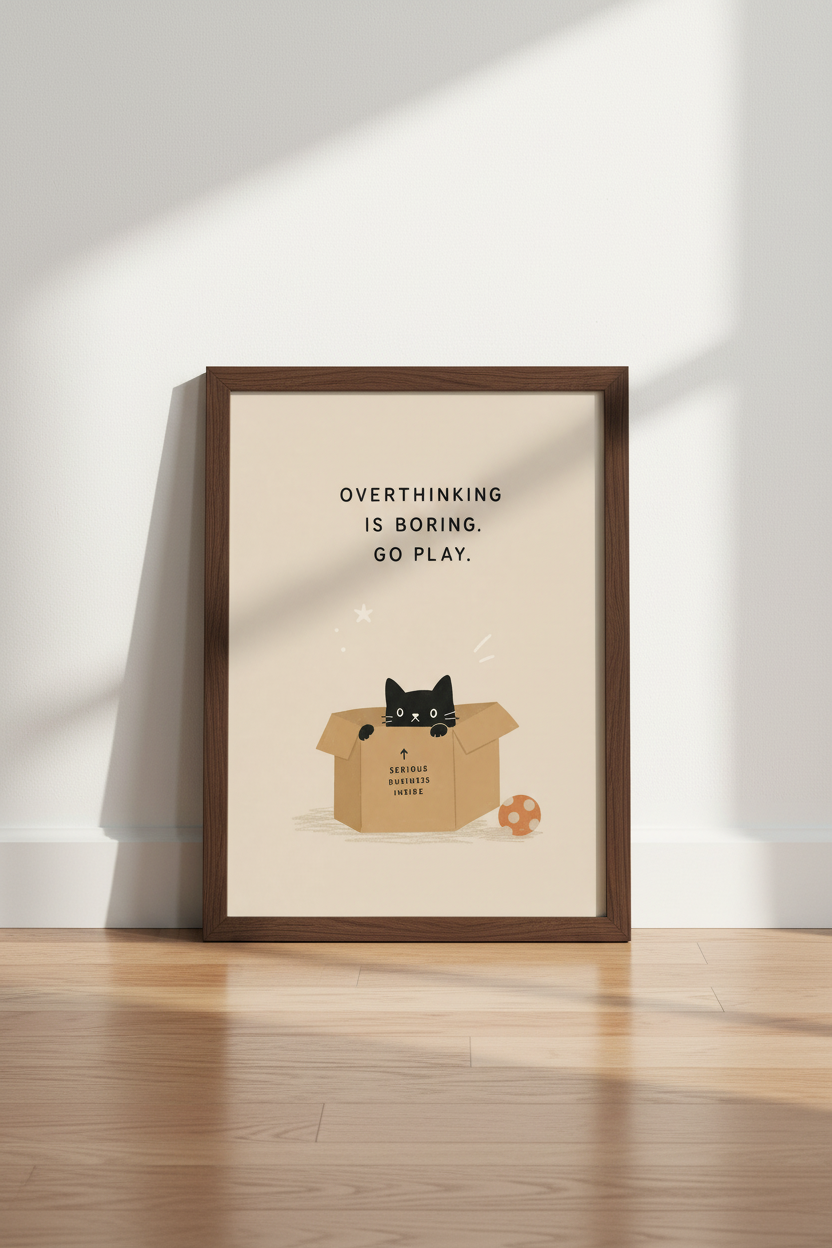 Funny Black Cat Art Print | Overthinking Is Boring Poster | Cute Office Decor