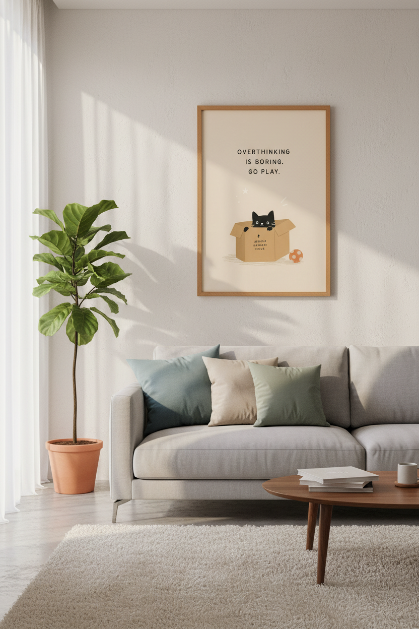 Funny Black Cat Art Print | Overthinking Is Boring Poster | Cute Office Decor
