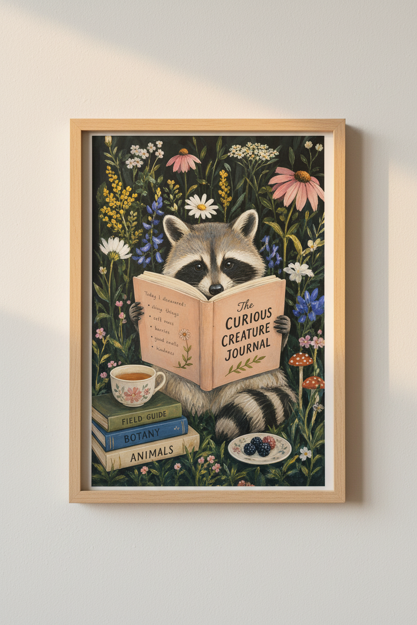 Whimsical Raccoon Art | Cottagecore Forest Animal Poster, Dark Floral Reading Nook Decor