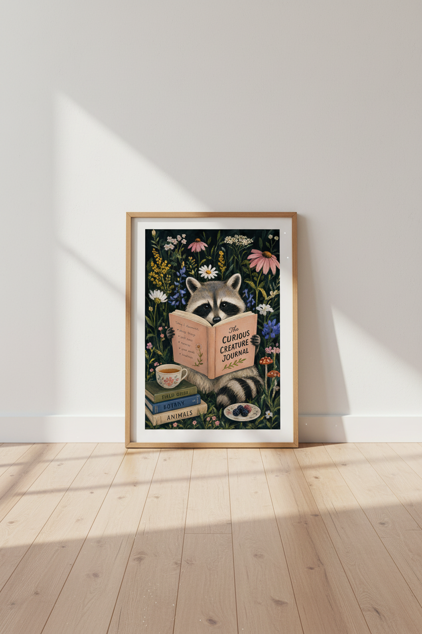 Whimsical Raccoon Art | Cottagecore Forest Animal Poster, Dark Floral Reading Nook Decor