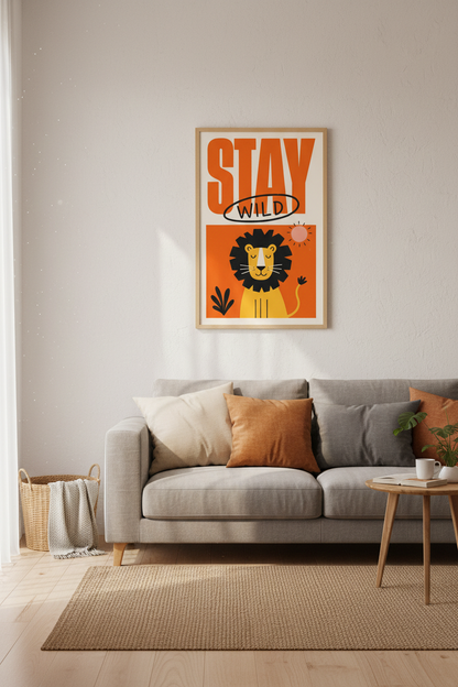 Stay Wild Lion Wall Art | Orange Nursery Decor | Modern Kids Poster Print