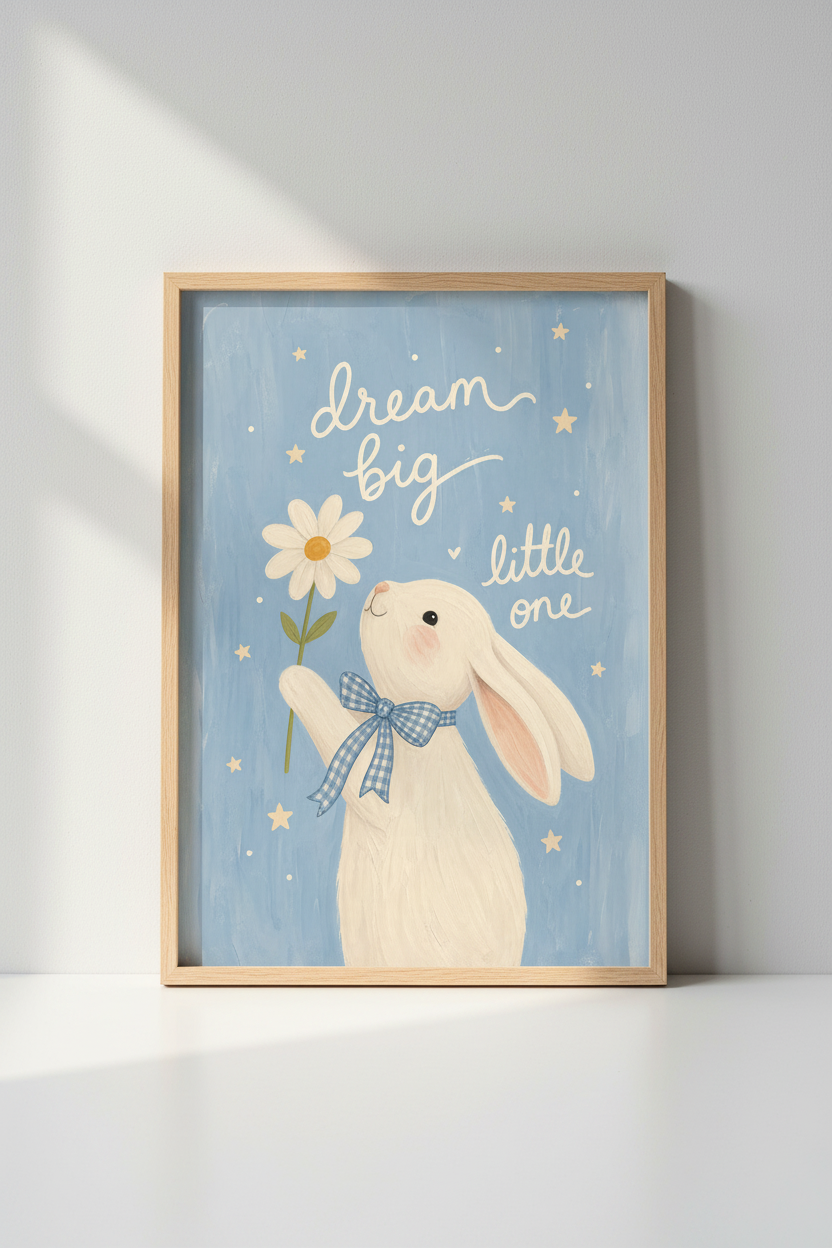 Bunny Nursery Wall Art Print | Dream Big Little One | Blue Kids Room Decor