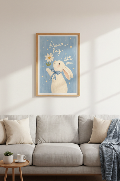 Bunny Nursery Wall Art Print | Dream Big Little One | Blue Kids Room Decor