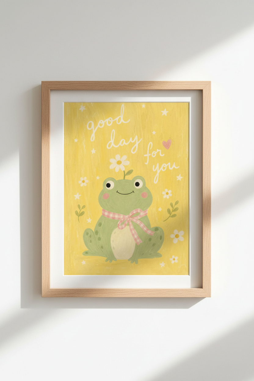 Cottagecore Frog Art Print | Cute Aesthetic Yellow Poster, Kids Nursery Decor