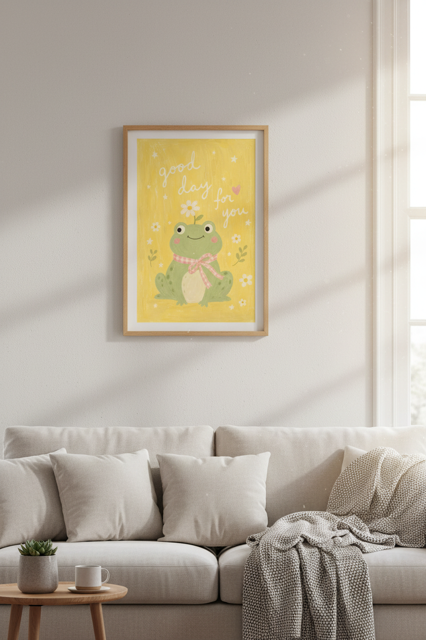 Cottagecore Frog Art Print | Cute Aesthetic Yellow Poster, Kids Nursery Decor