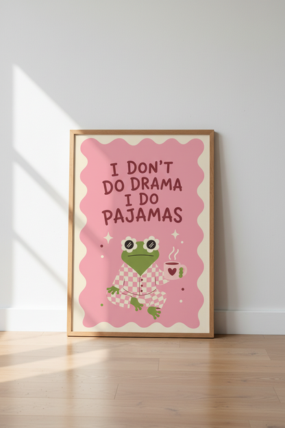 Funny Pajama Frog Wall Art | Pastel Pink Retro Poster, Dorm &amp; Bedroom Decor