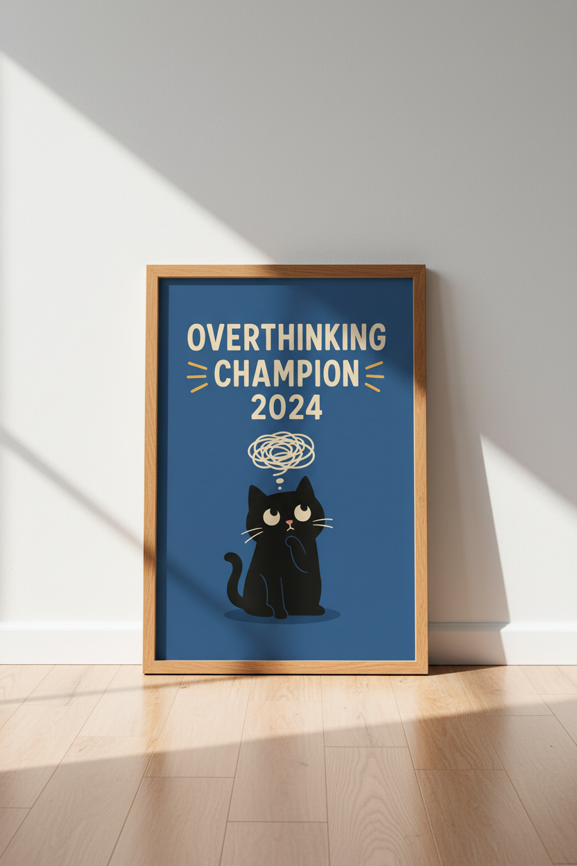 Funny Cat Overthinking Champion 2024 Print | Office Humor | Navy Blue Wall Art