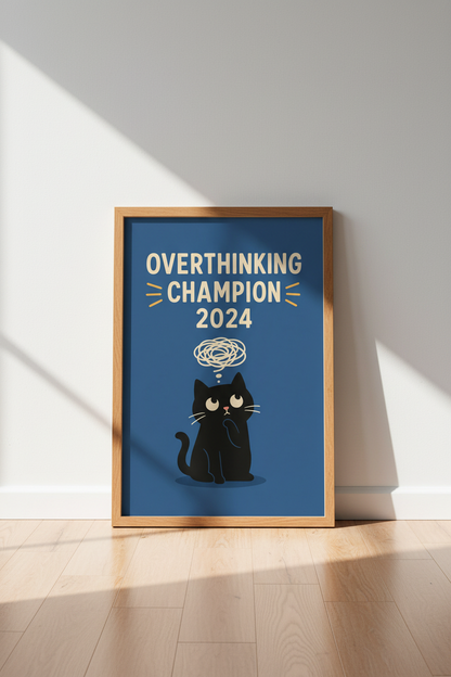 Funny Cat Overthinking Champion 2024 Print | Office Humor | Navy Blue Wall Art