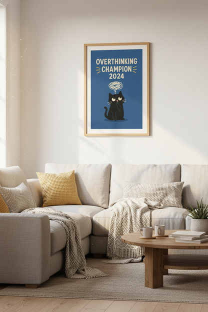 Funny Cat Overthinking Champion 2024 Print | Office Humor | Navy Blue Wall Art